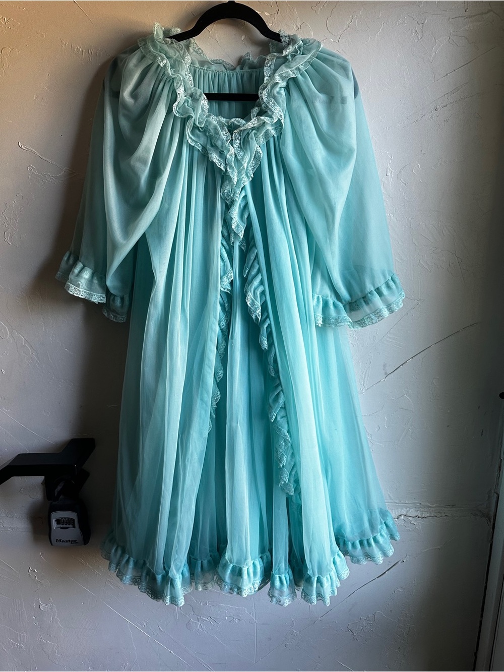 Vintage Boudoir Aqua Blue Peignoir Set Sheer Nylon Nightgown Robe Fairycore Sz S